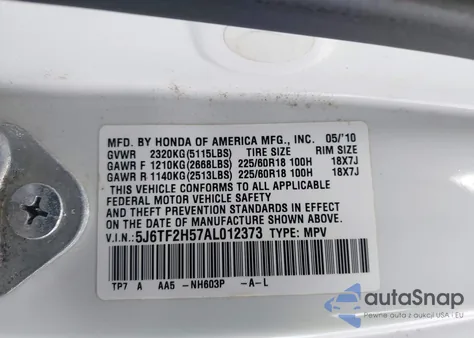 2010 Honda Accord Crosstour Ex-L из США, поврежденный, VIN 5J6TF2H57AL012373